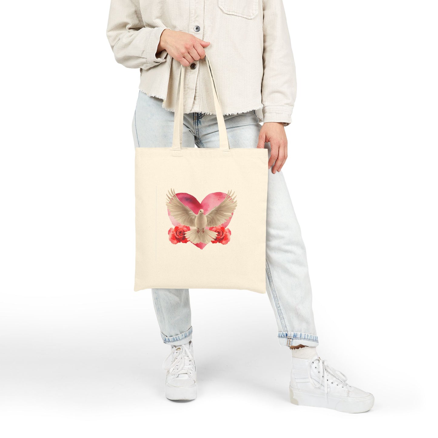 Heart and Dove Cotton Canvas Tote Bag | Eco-Friendly Shopping Bag, Gift Tote, Handmade Bag, Floral Art Tote, Boho Style Bag