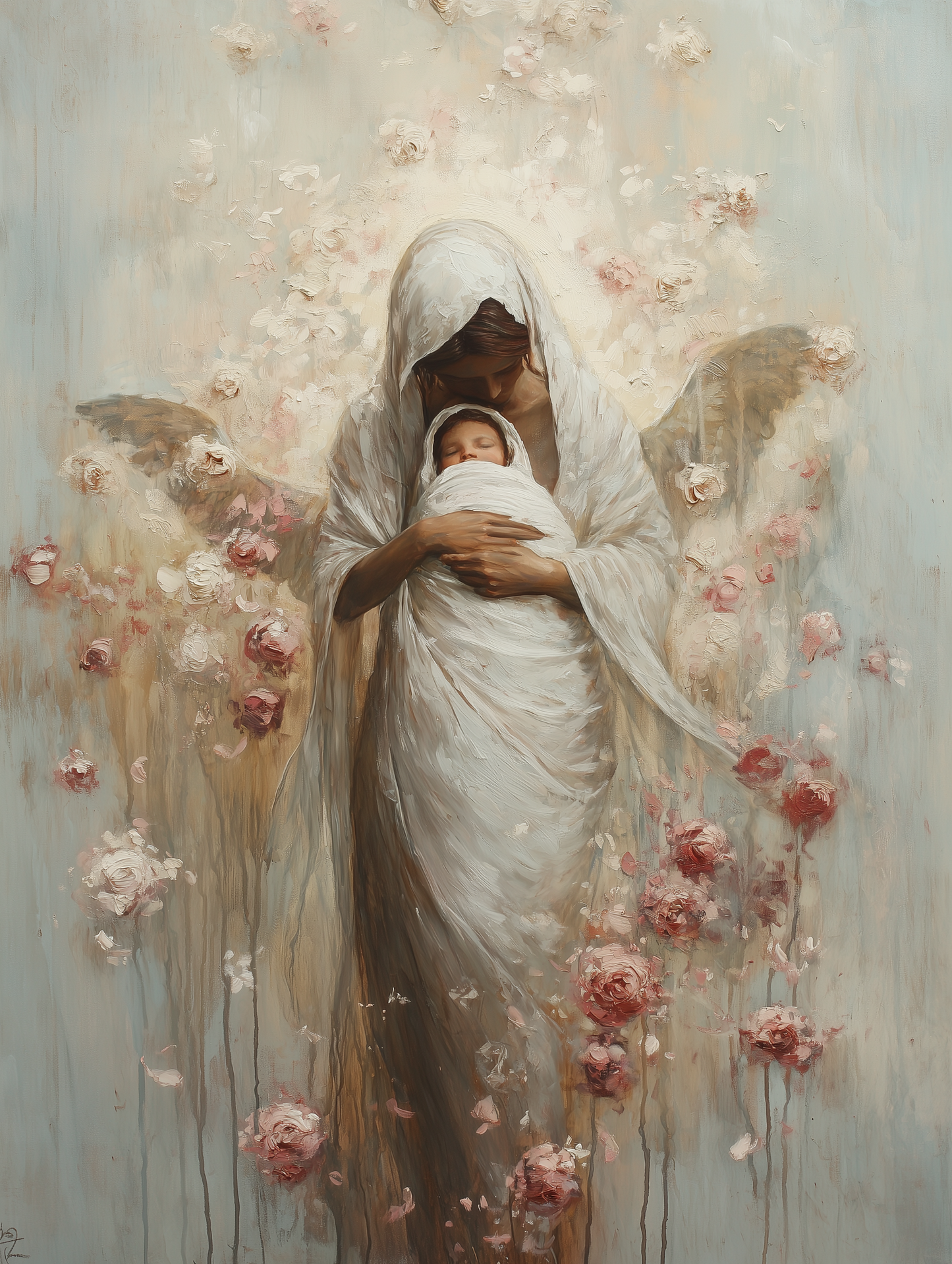 MOTHER MARY + JESUS (Stretched Canvas Print + Floating Oak Frame)