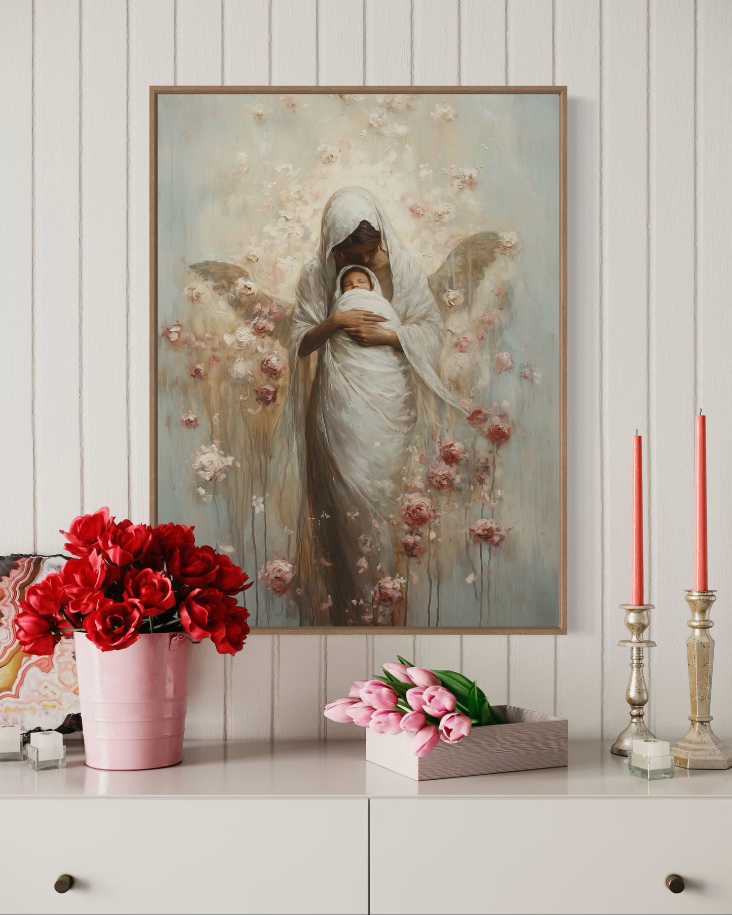 MOTHER MARY + JESUS (Stretched Canvas Print + Floating Oak Frame)