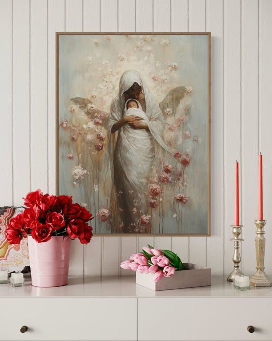 MOTHER MARY + JESUS (Stretched Canvas Print + Floating Oak Frame)