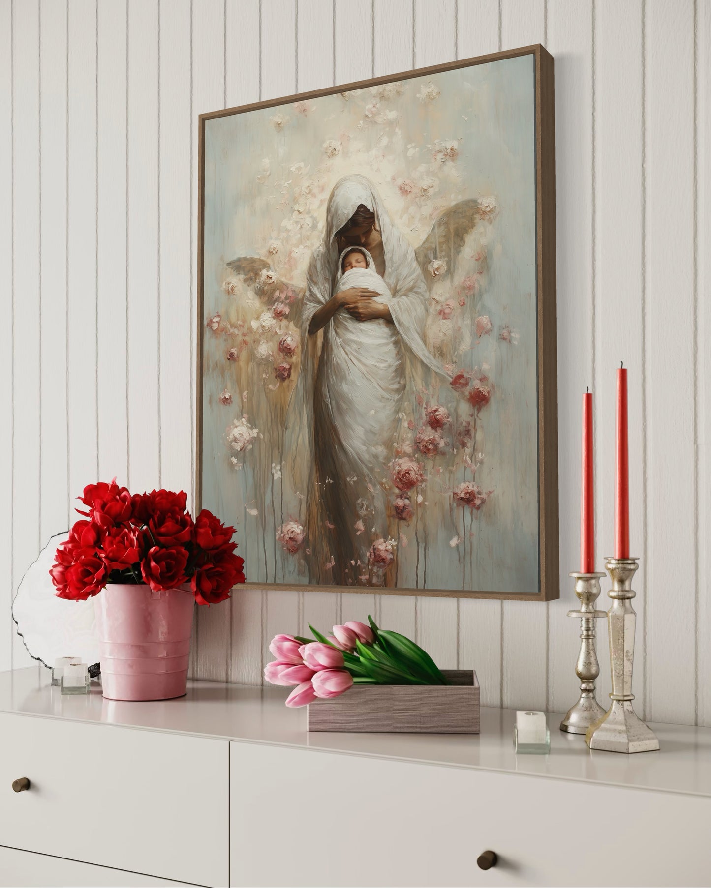 MOTHER MARY + JESUS (Stretched Canvas Print + Floating Oak Frame)