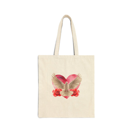 Heart and Dove Cotton Canvas Tote Bag | Eco-Friendly Shopping Bag, Gift Tote, Handmade Bag, Floral Art Tote, Boho Style Bag